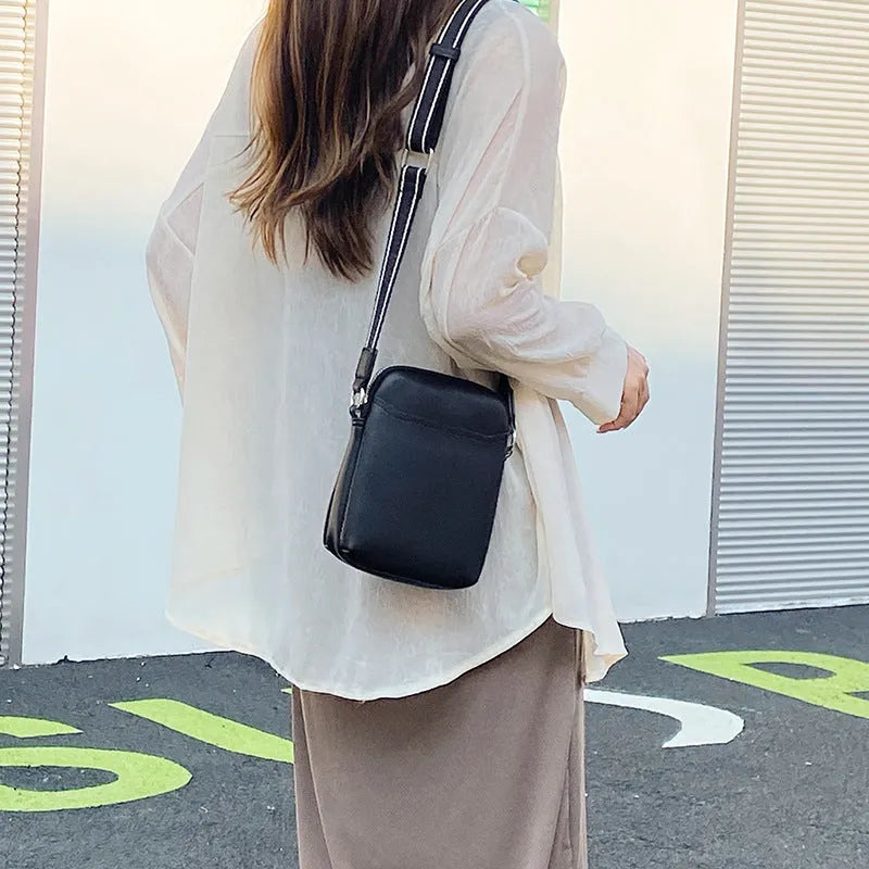 Simple solid colour mobile phone crossbody bag in PU leather showing black, beige, khaki, and green colour options.