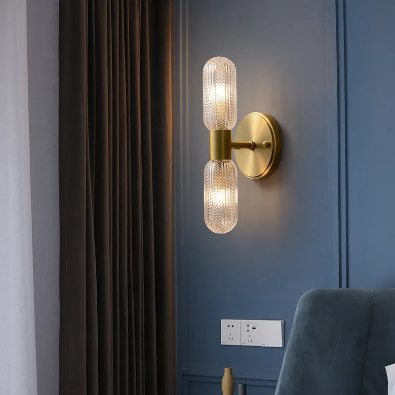 Nordic style dual-head copper wall lamp mounted on white wall showing simple post-modern design