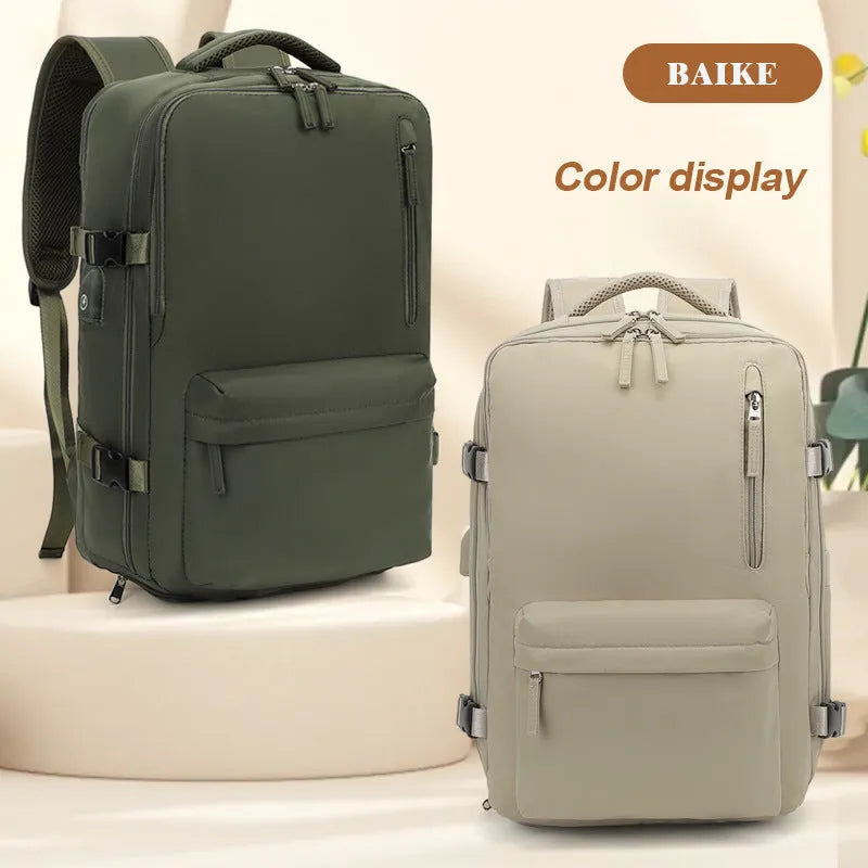 Women's large capacity lightweight Oxford cloth travel backpack in forest green colour with curved shoulder straps