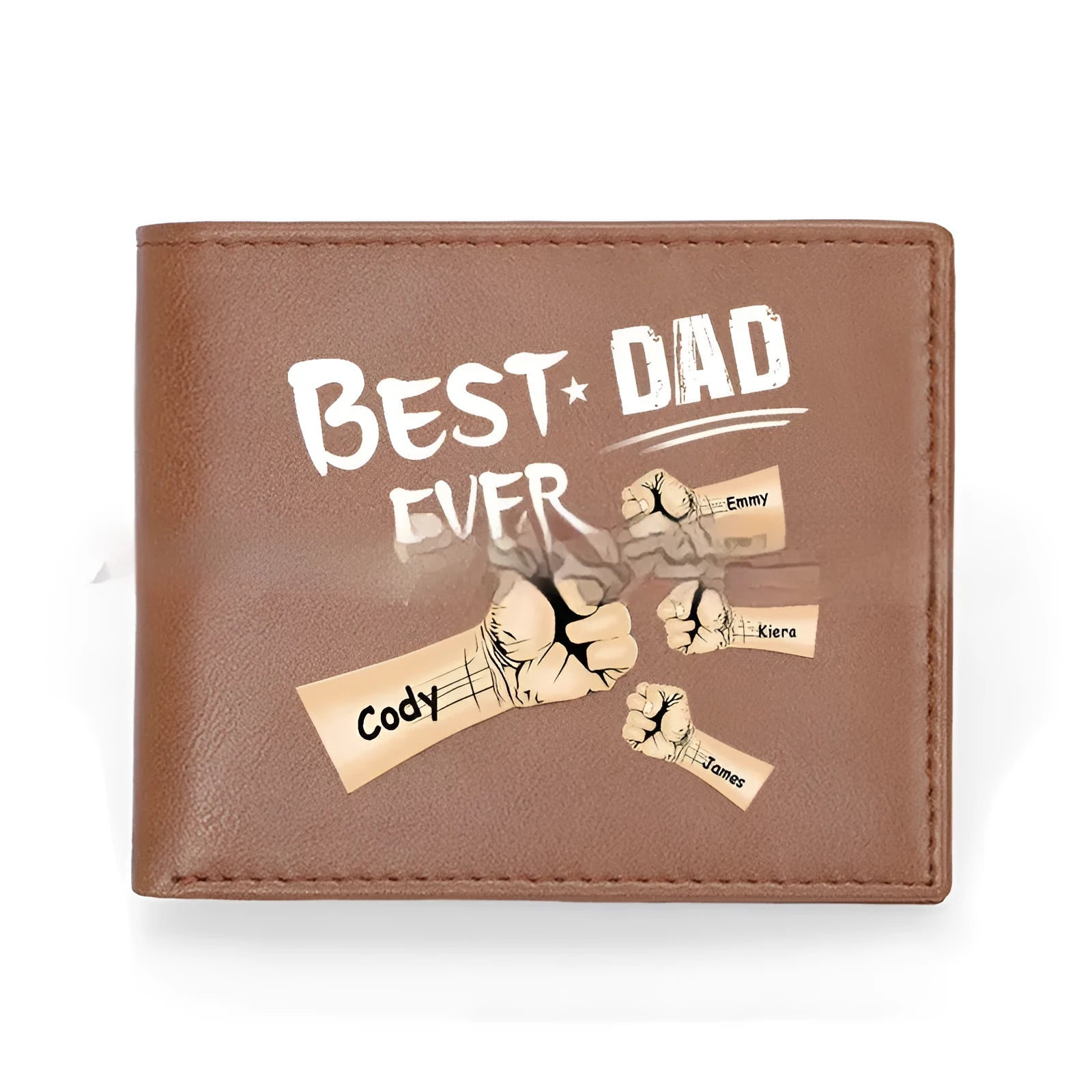 Brown personalised leather wallet with letter print, contrast stitching, and slim 10.5cm profile