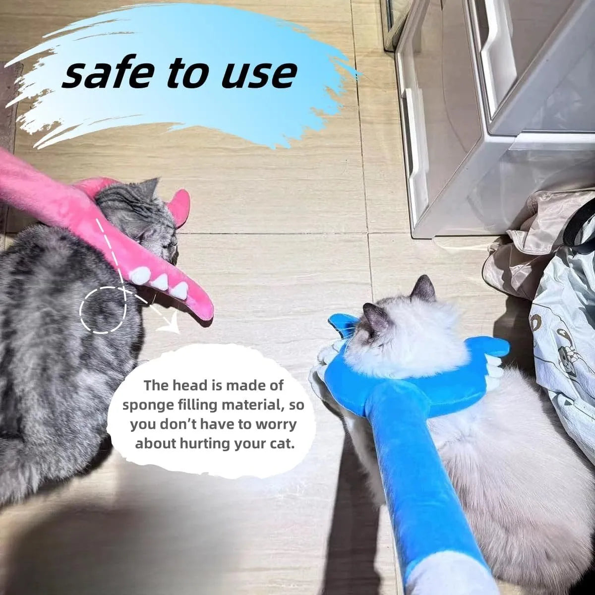Blue plush cat wand toy with foam-filled head measuring 70cm length