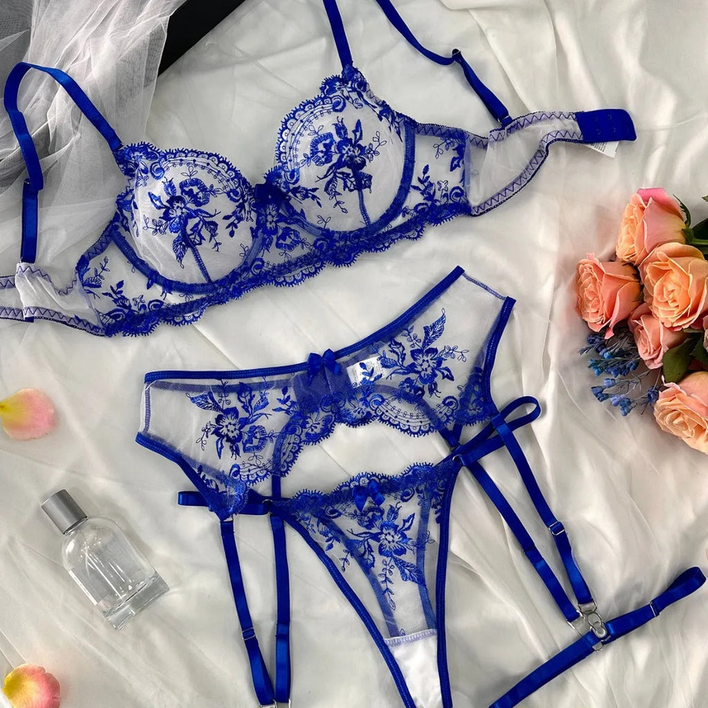 Women's see-through embroidery cutout underwear set with matching garters in blue, black, or red