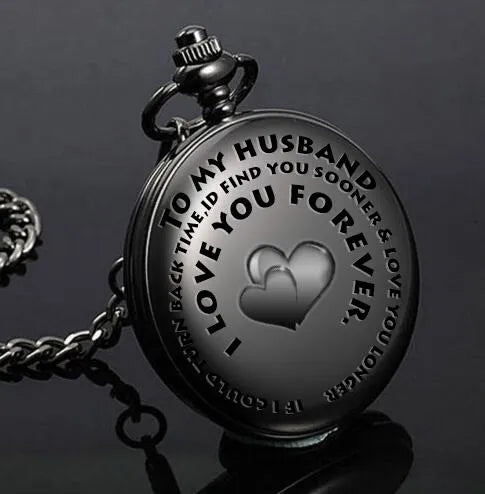 Retro black silver steampunk quartz pocket watch with stainless steel chain 30 cm on black background