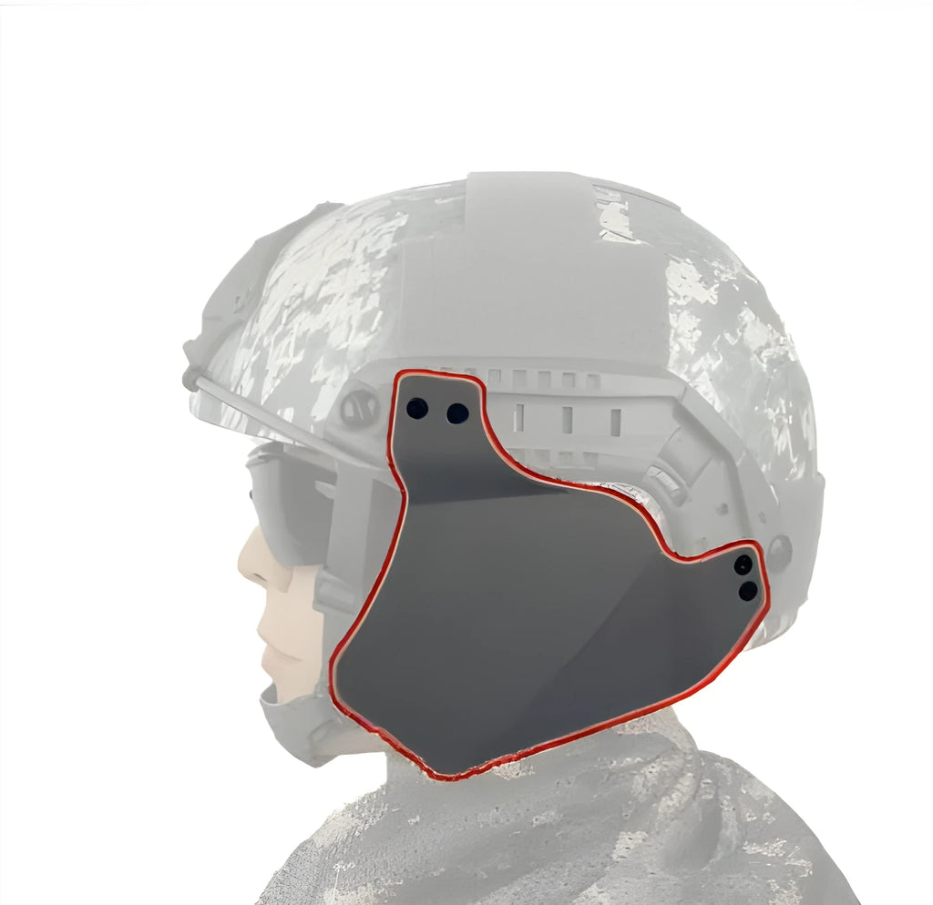 Blind-Spot Armor in Black, soft rubber tactical head protection with slanted deflection design for Emerson fast rail systems
