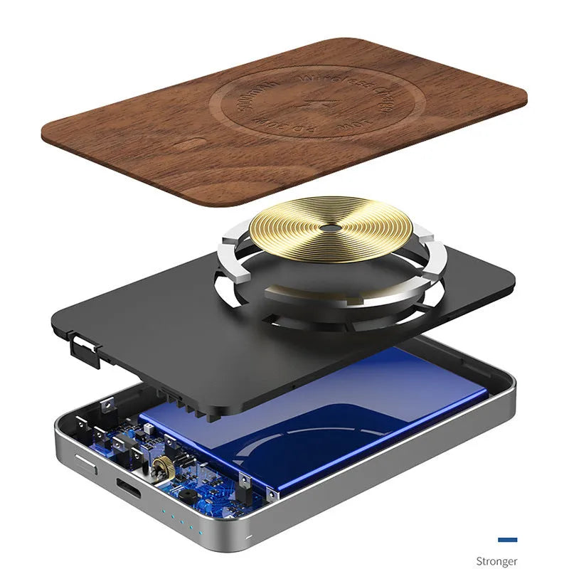 Khaki coloured alloy wireless charging power bank showing compact size and USB port