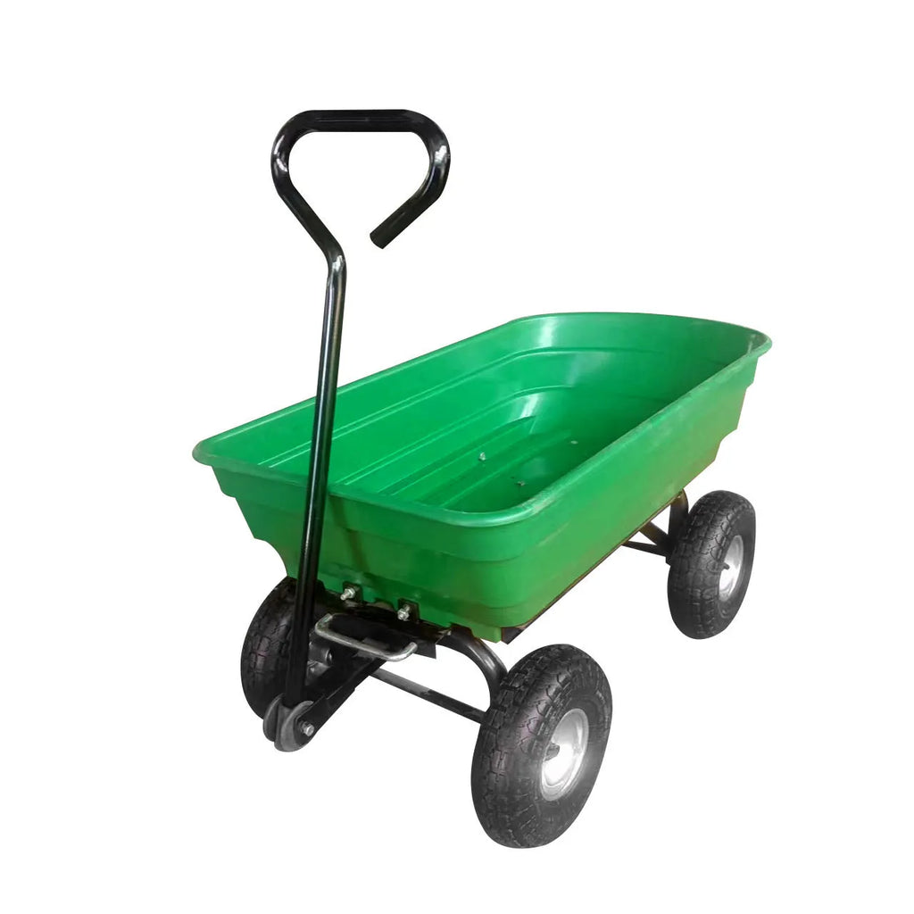 Green four-wheel plastic dump truck with steel PP construction and 350kg capacity
