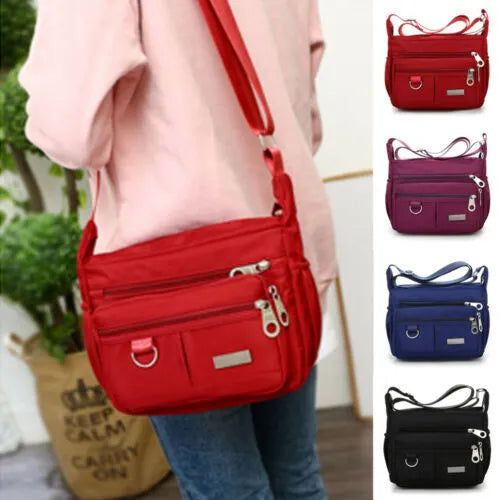 Women's waterproof nylon crossbody shoulder bag with multiple pockets in black