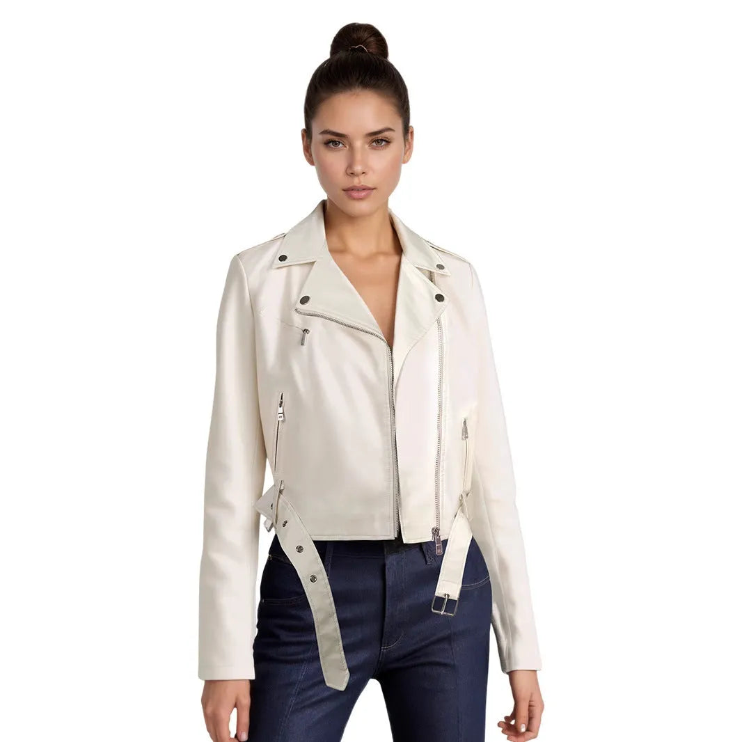 Women's black PU leather jacket with lapel collar and an adjustable waist belt, shown front-on.