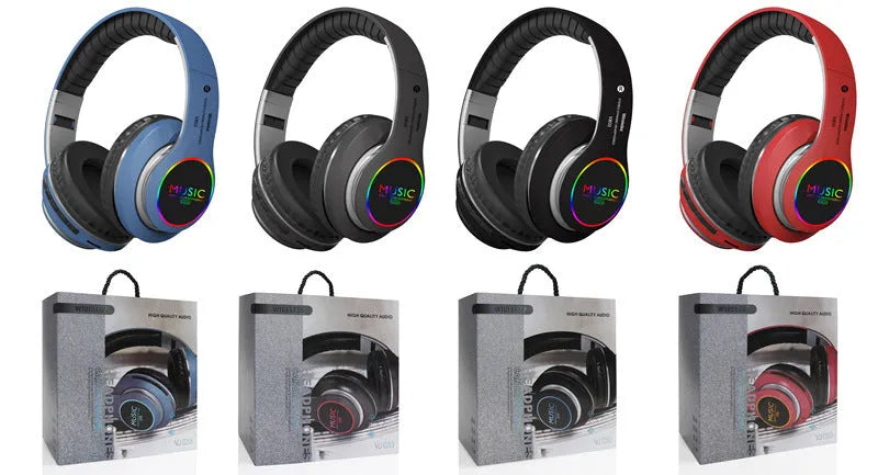 Folding LED wireless over-ear Bluetooth sports headphones in black with 400mAh battery and FM radio