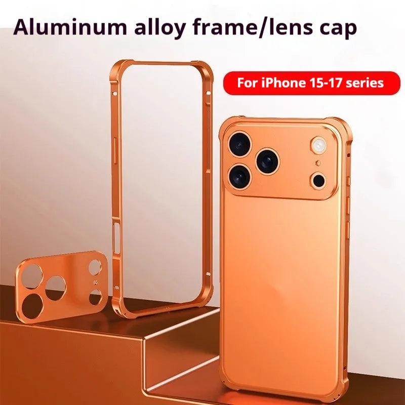 iPhone 17 alloy mobile phone case with metal corner frame and seahorse buckle in frosted finish
