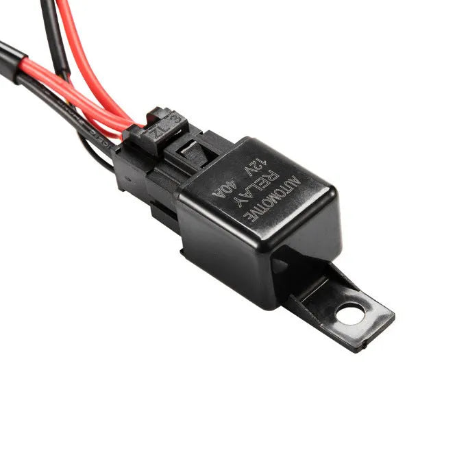Black off-road LED spotlight wire harness kit with switch and 2-metre cable for vehicle light modifications.