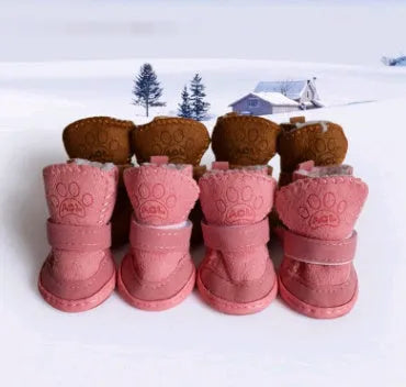 Khaki velvet dog snow boots set of four for small medium dogs winter warm paw protection