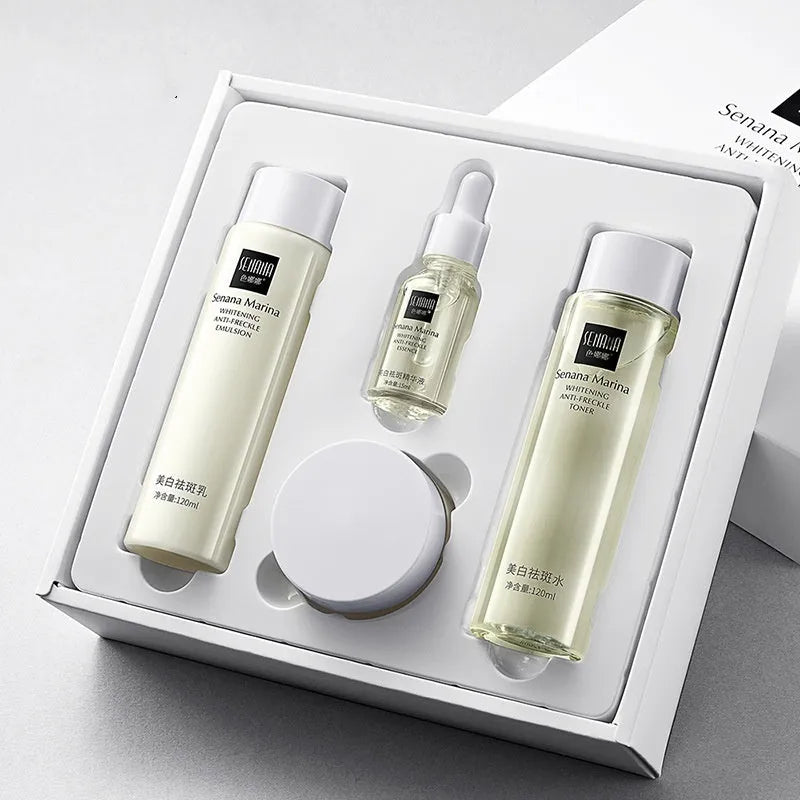 Whitening and freckle removing skin care kit with hydrating moisturising brightening products in Gold Luxury packaging