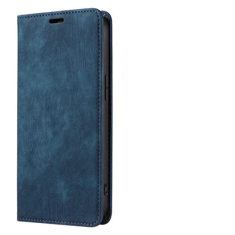 Magnetic flip phone case in grey showing closed magnetic flap and inner card slot for iPhone.