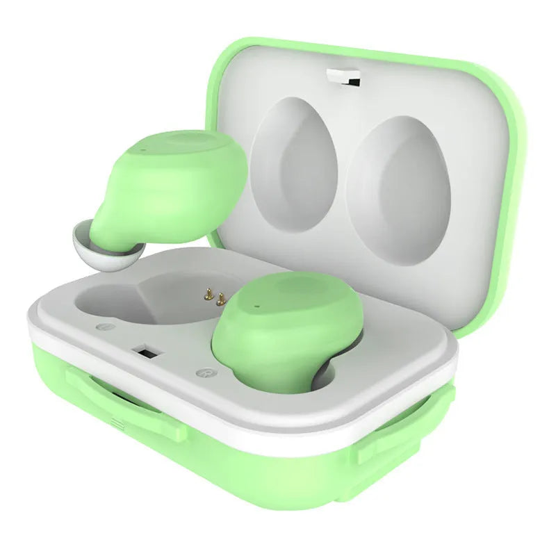 M1012 Macaron wireless sports headphones with charging bin, shown in Black, Green, Pink, Sky Blue or White