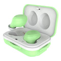 M1012 Macaron wireless sports headphones with charging bin, shown in Black, Green, Pink, Sky Blue or White