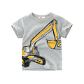 Children's light grey cartoon print cotton T-shirt with short sleeves and round neck.