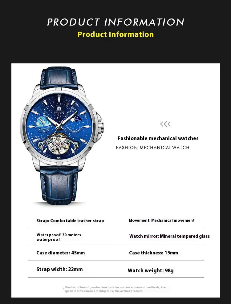 Men's blue automatic mechanical watch with 14mm thickness, model 885b.