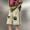 Men's ripped camouflage denim shorts in yellow mud colours with straight leg Korean style