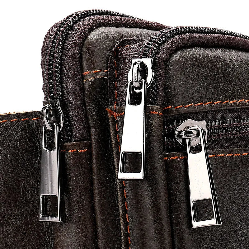 Horizontal square cowhide leather waist bag with zipper closure and multiple internal pockets