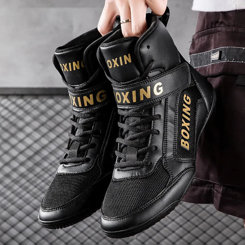 High-top wrestling shoes with non-slip rubber outsole and frosted microfibre mesh upper in white or black
