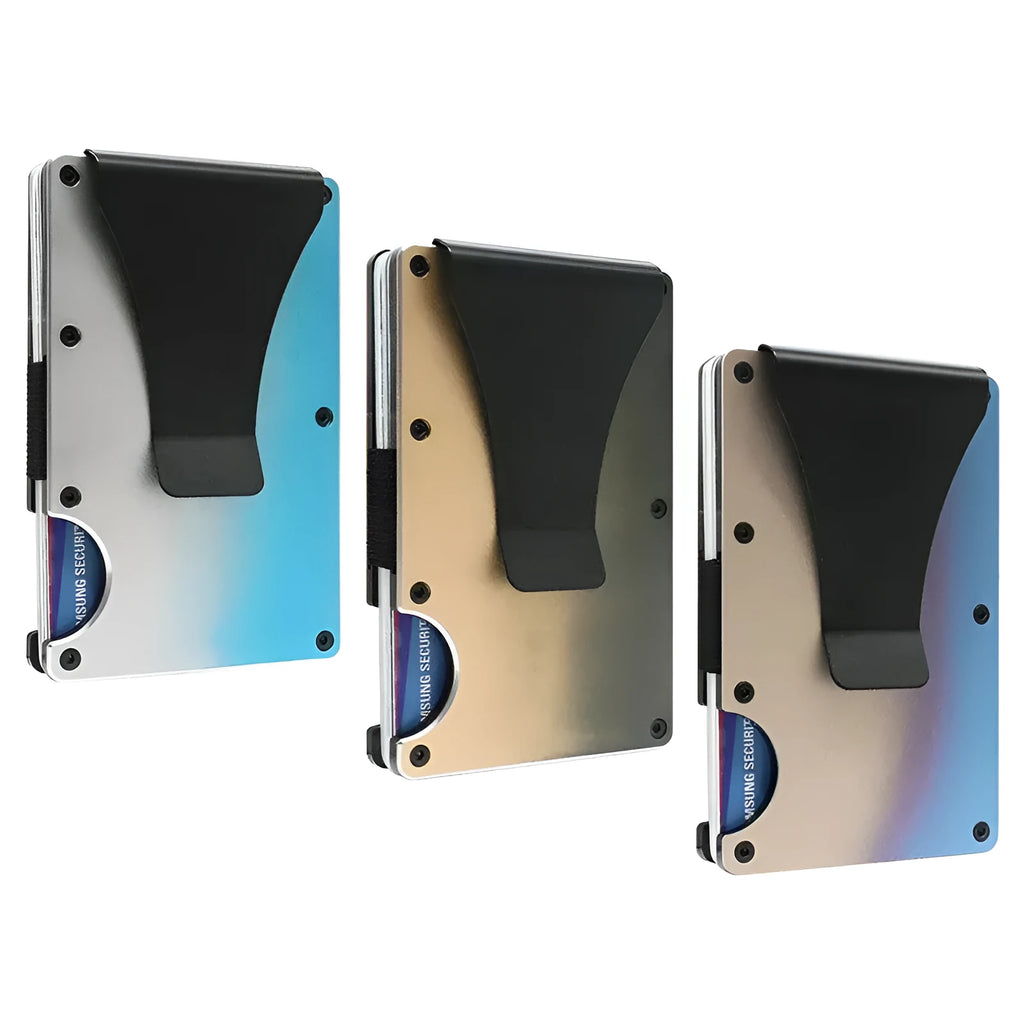 Ultra-thin aluminium alloy card package with metal clamp and gradient colour finish