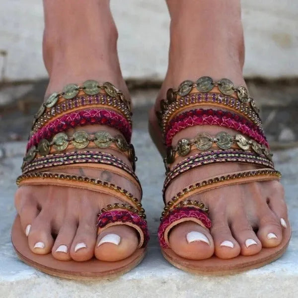 Red bohemian flower fish mouth flat sandals for women in artificial PU leather