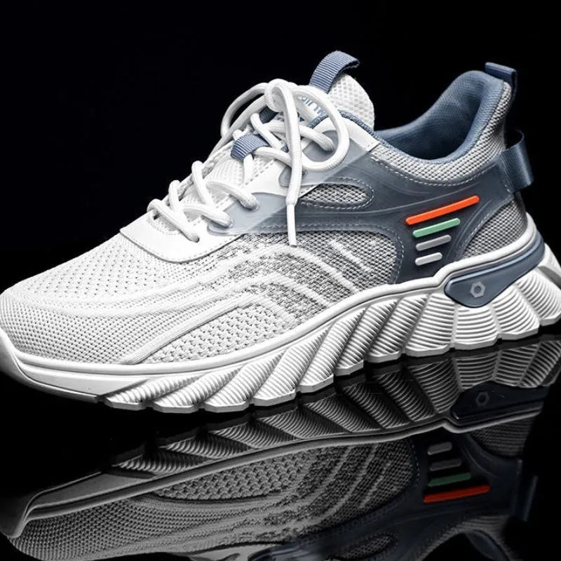 Men's white blue and black platform casual running shoes with cross shoulder straps and a rubber sole.