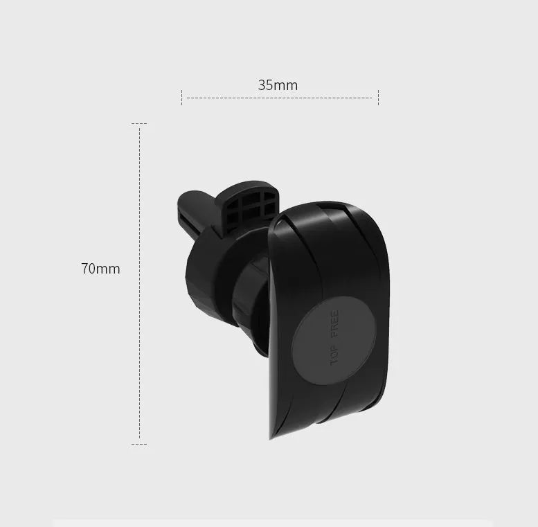 Matte black car phone holder clipped onto a car air vent, holding a smartphone.