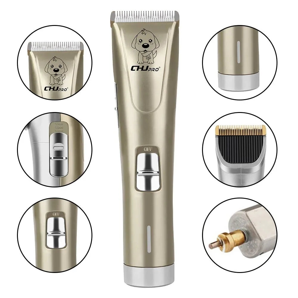 Professional pet clipper with titanium ceramic blade and four positioning combs on a table