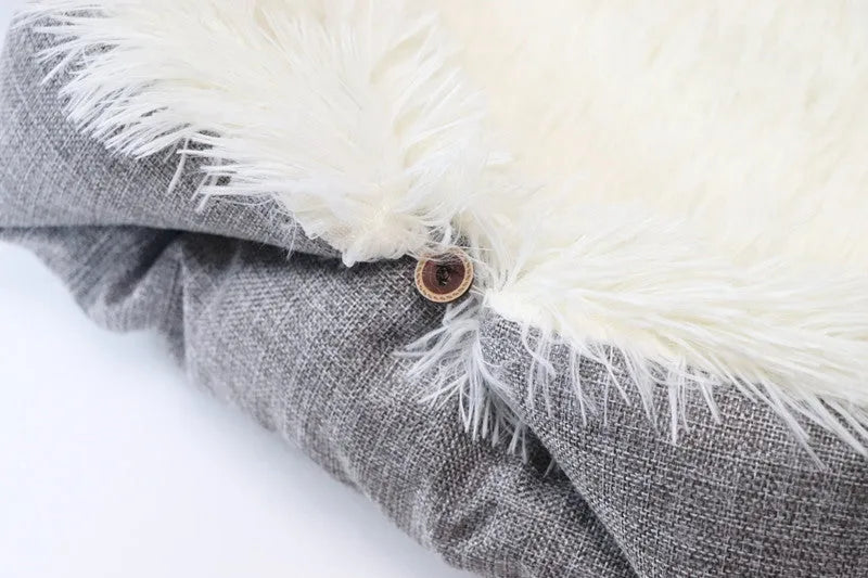 Grey white 2 in 1 pet mattress nest folded into a cosy bed with soft filling, 61x51cm size