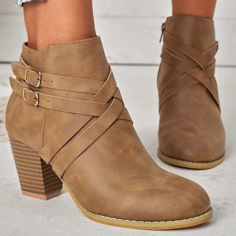 Grey PU leather short ankle boots with a side zipper, buckle strap, and a chunky 7cm heel.