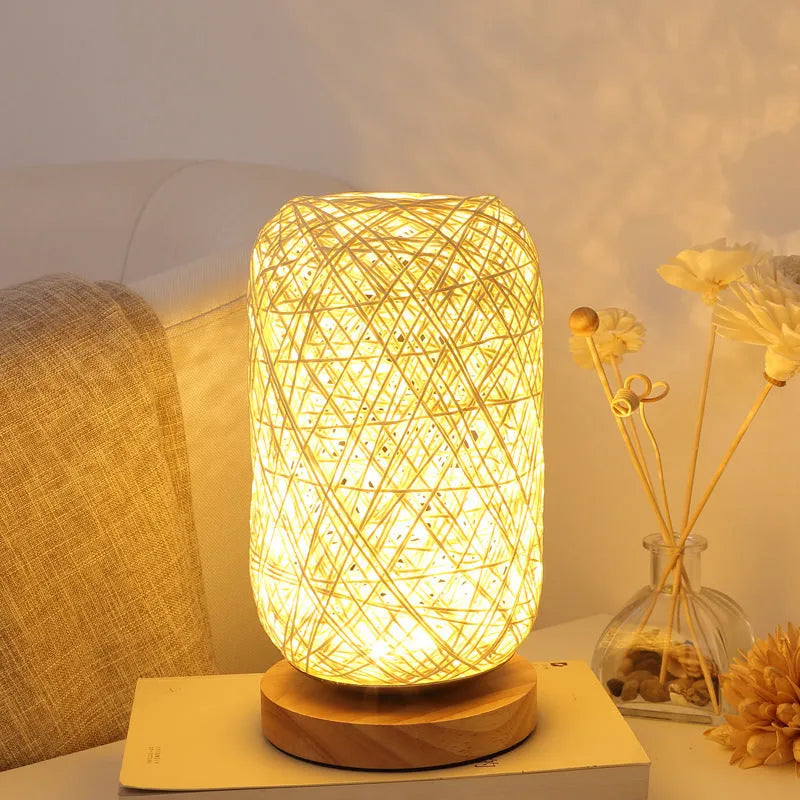 Hemp rope desk lamp with spherical shade on solid wood base