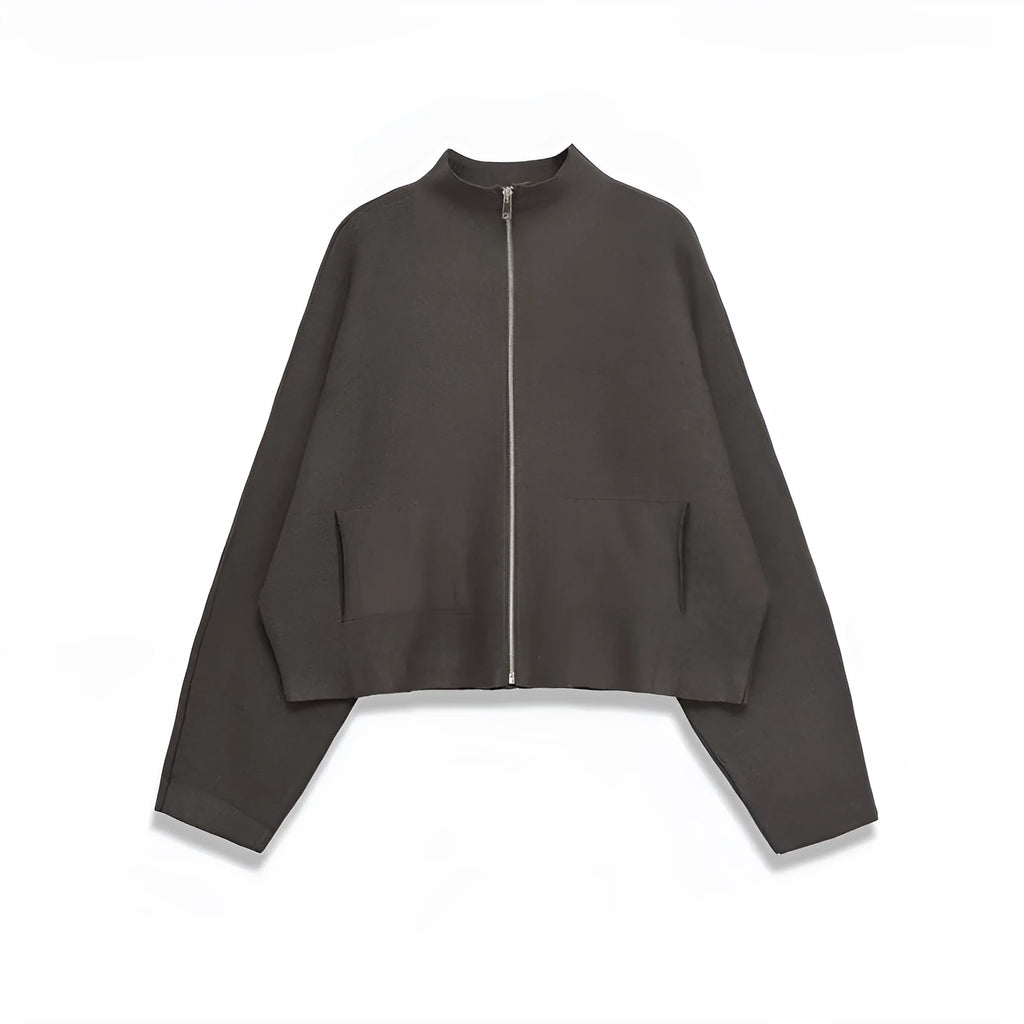 Women's striped stand collar zipper knitted coat, long sleeve, regular fit, polyester blend
