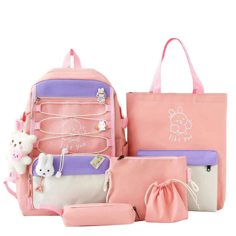 Lightweight large capacity student schoolbag four-piece set in solid colour nylon with curved shoulder strap
