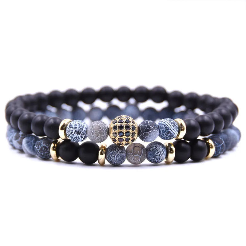 Adjustable beaded cord men bracelet set in multiple colours: black, blue, brown, gray, tigereye, volcanic rocks, white dot