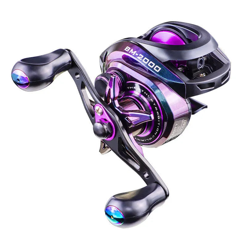 Colourful BM2000 fishing reel with magnetic brake system, shown in left-hand and right-hand retrieve options.