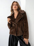 A rose red women's loose short coat made from soft artificial fur with regular sleeves.