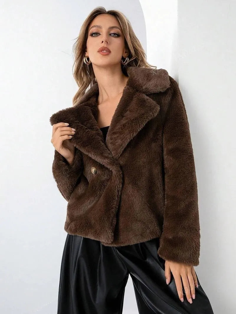 A rose red women's loose short coat made from soft artificial fur with regular sleeves.