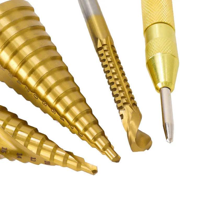 HSS step drill bit and centre punch set for metalworking with three graduated bits