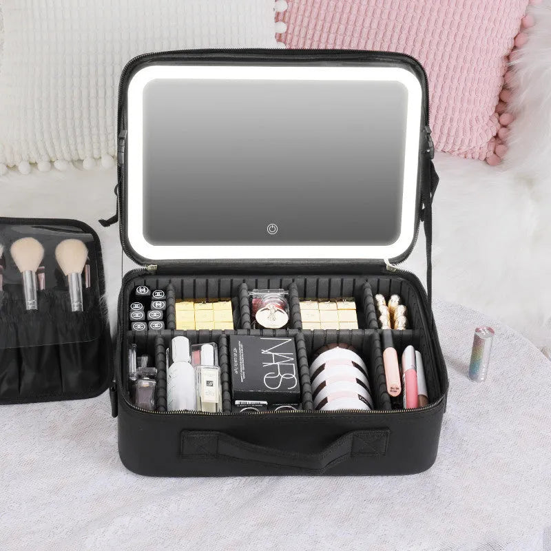 Smart LED cosmetic case with 4K mirror and adjustable fill light in white PU leather, open to show storage compartments and brush board