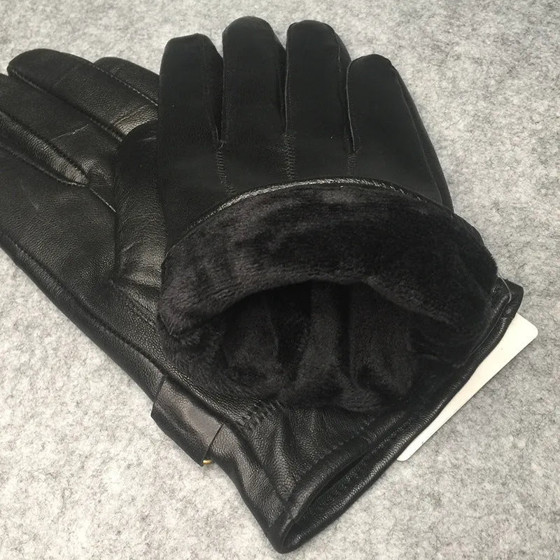 Men's warm gloves made from sheepskin leather, black colour, one size, finger glove style for winter