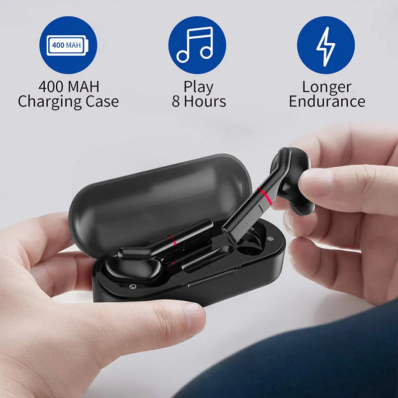 Black and white VV1 true wireless Bluetooth earphones with compact charging case