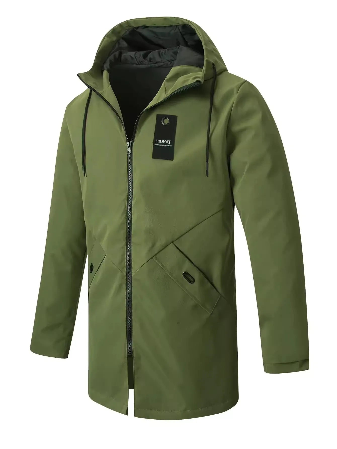 Men's mid-length hooded windproof shell jacket in gray, made from polyester fibre, with long sleeves and front zipper