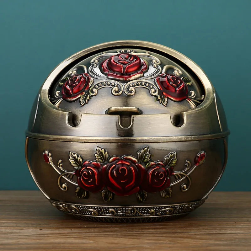 XL decorative alloy ashtray with smoke slot in bronze finish showing dragon and phoenix design