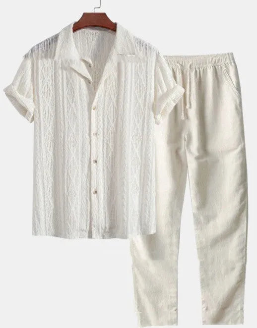 Men's loose short sleeve shirt and trousers suit in milk silk fabric for summer leisure