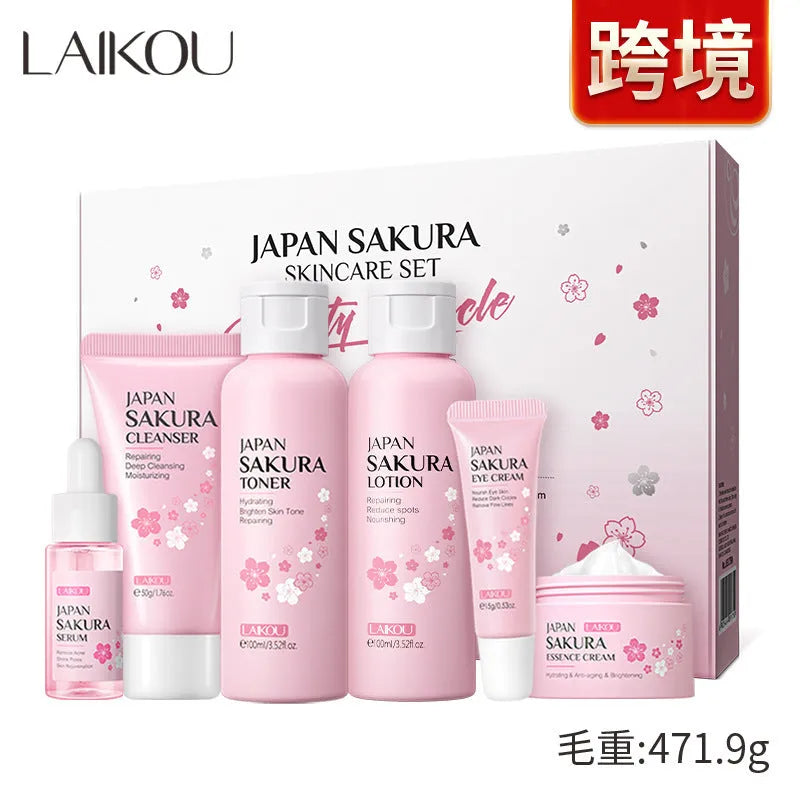 Cherry Blossom brightening and cleansing six piece facial skin care set with bottles and jars