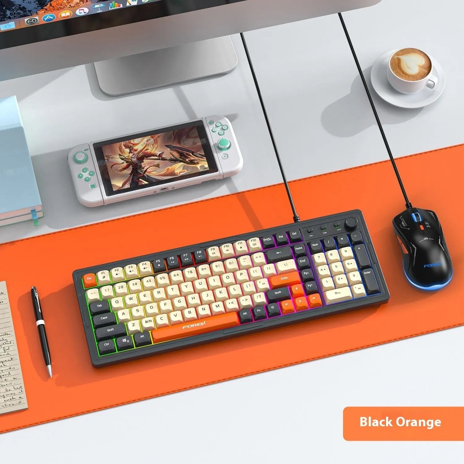 Custom mechanical keyboard and wireless mouse in selected colour option with backlight illumination.