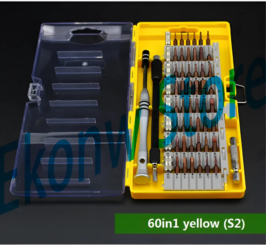 70-piece S2 alloy steel screwdriver set in organised case with multicoloured bits for mobile phone and computer repair