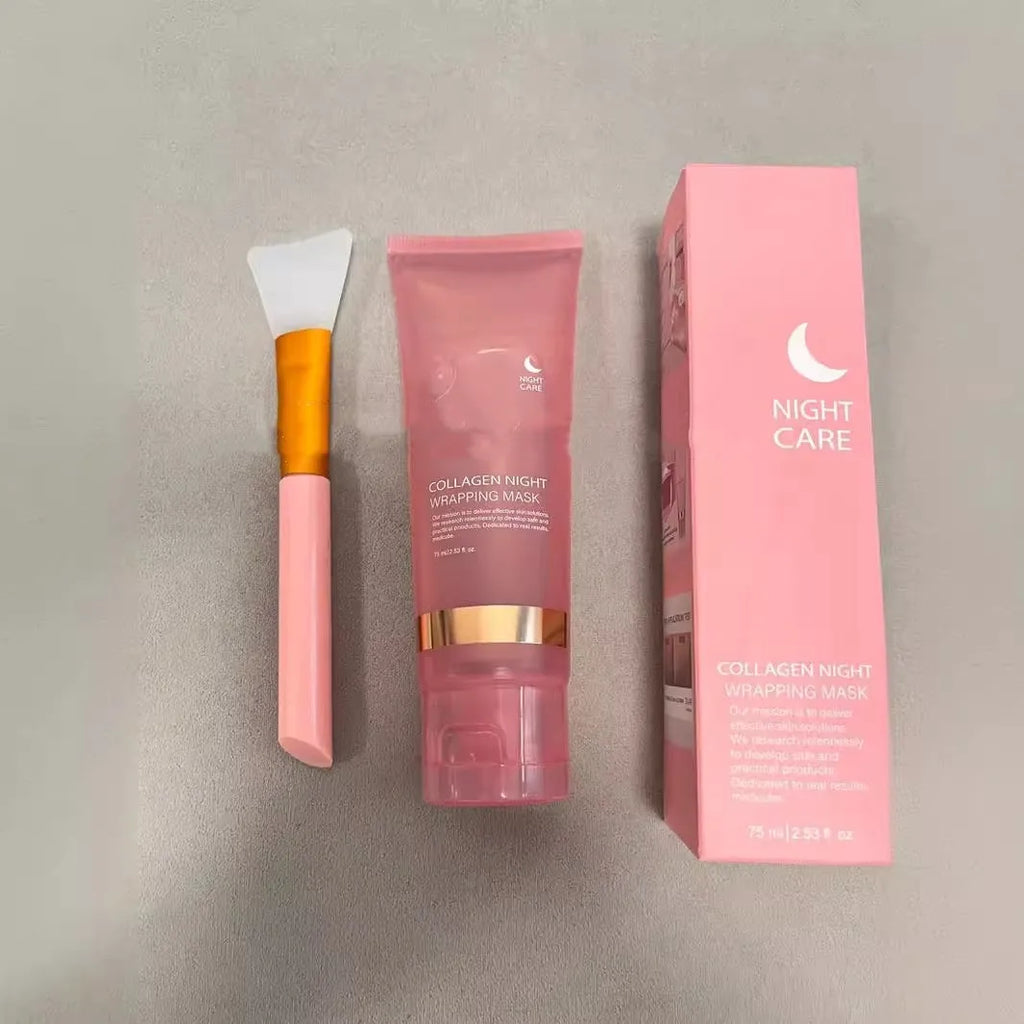 75ml bottle of collagen night mask with applicator brush for skin firming and hydration.